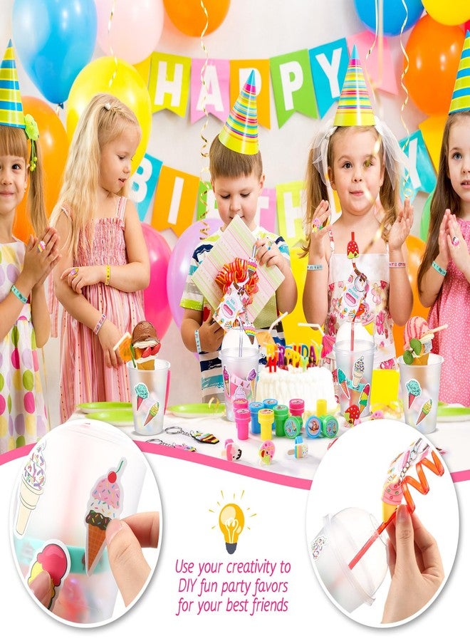 Chivertion 195 Pcs Ice Cream Birthday Party Favors Bulk for 16 Kids Include Keychain Necklace Silicone Bracelet Ring Badge Stamp Sticker Tags Twist Tie Cup Lid Straw for Summer Birthday Party Rewards - Image 5